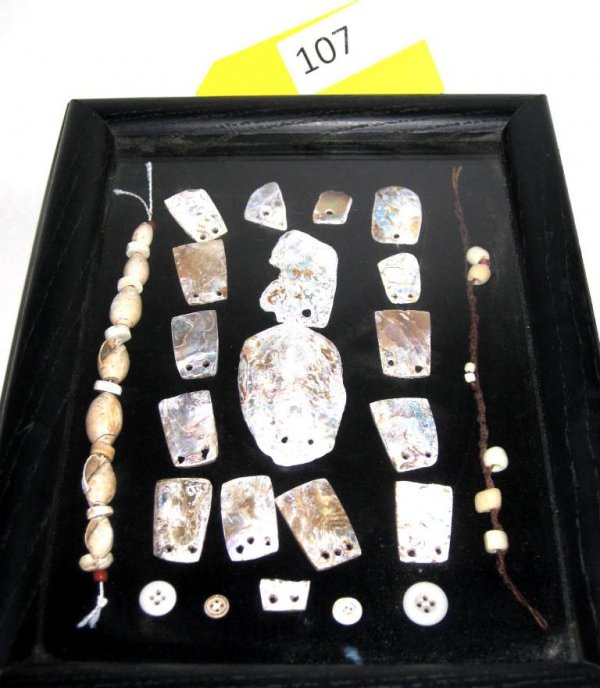 NATIVE AMERICAN BEADS & PENDANTS: NATIVE AMERICAN COASTAL CALIFORNIA SHELL & ABALONE BEADS & PENDANTS. EST 150-200
