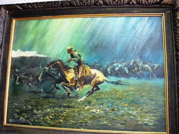 O.O.C. PAINTING: COWBOY PAINTING O.O.C. COWBOY ON HORSE WITH CATTLE IN STAMPEDE DURING RAIN & LIGHTNING STORM. CAN'T MAKE OUT THE SIGNATURE. 25 1/2 X 35 1/2. EST 300-500