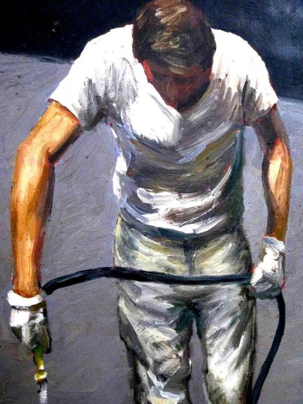 OOB/EDWARD HOPPER PAINTING: OIL ON BOARD. SIGNED EDWARD HOPPER. ''THE CEMENT WORKER''. 23 3/4'' X 14 3/4''. THIS PAINTING IS NOT AUTHENTICATED. BUY AT YOUR OWN EXPERTISE, UNKNOWN