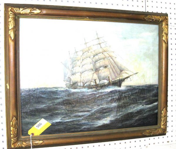 O.O.C. PAINTING OF SHIP: O.O.C. PAINTING OF SHIP, SIGNED T. BAILEY 18 X 24 CRAZED PAINTING. PUNCH THROUGH MINOR RIP IN BOTTOM .EST 200-300