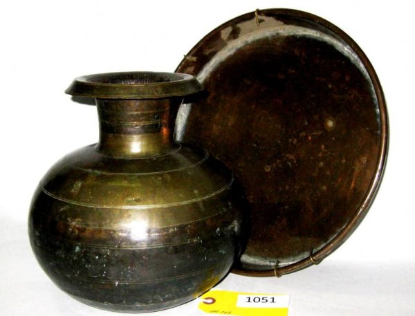 EAST INDIAN BRASS WATERJUG: EAST INDIAN BRASS WATERJUG & MIDDLE EASTERN HAMMERED TRAY. EST 25-30