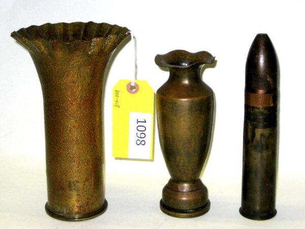 TRENCH ART SHELL VASE: LOT OF 3 TRENCH ART SHELL VASE. WINCHESTER 4/98 HAMMERED TEXTURED WITH FLUTED TOP. W.W.II SHELL-1902. EST. 100-150