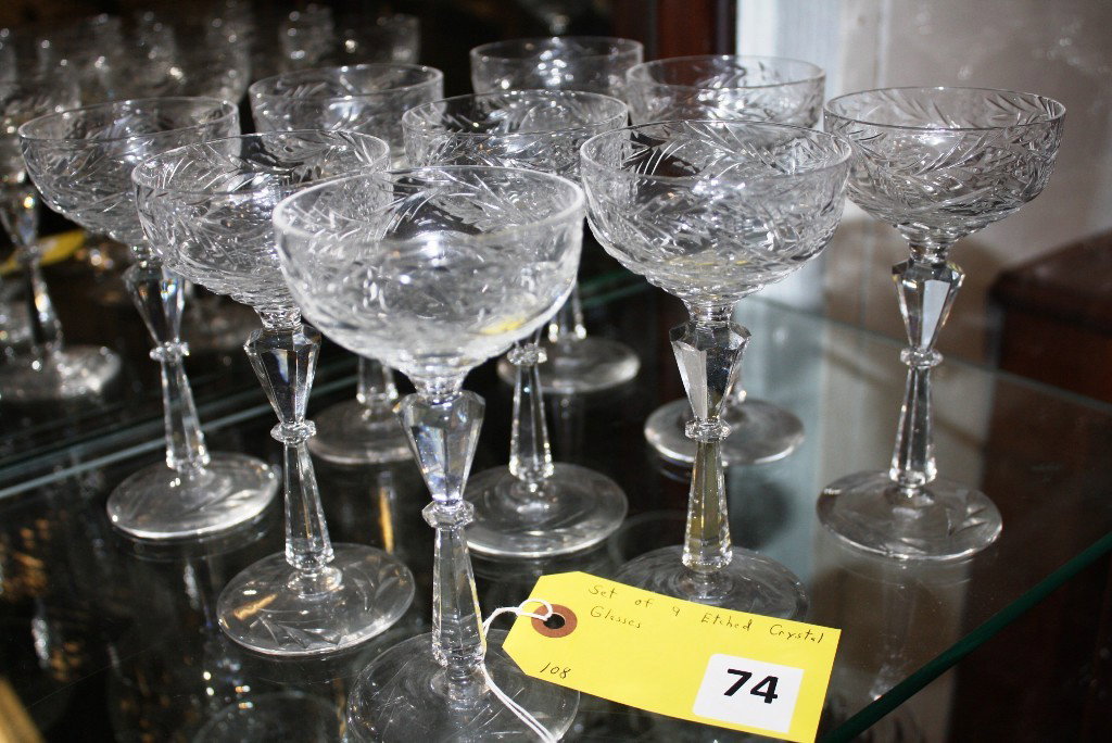 CRYSTAL GLASSES: SET OF 9 ETCHED CRYSTAL COCKTAIL GLASSES