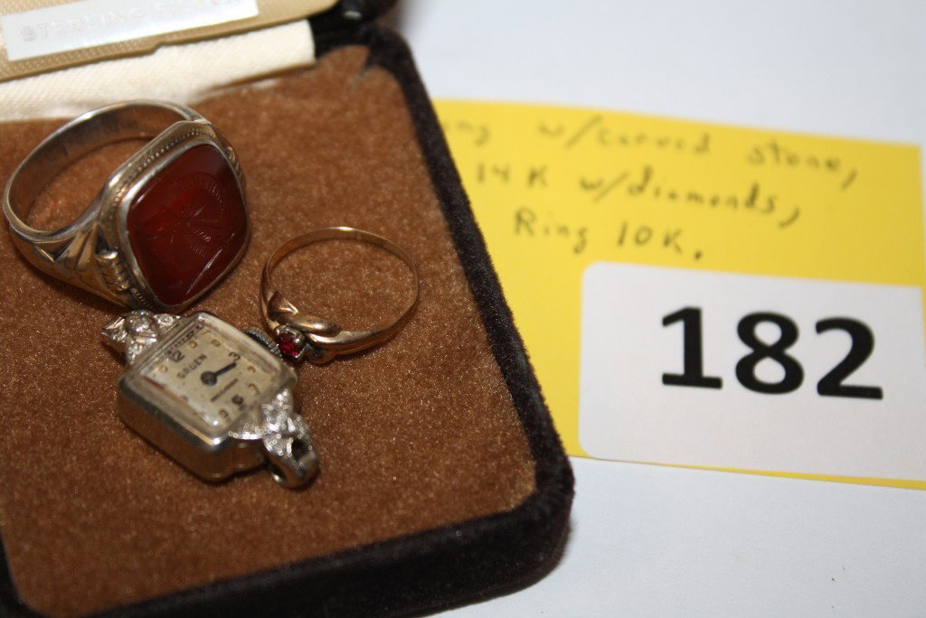 GOLD WATCH & RINGS: 3 PIECES OF JEWELRY; SMALL RUBY 10K RING, GOLD TOP RING W/STONE & GRUEN 14K WATCH WITH DIAMONDS
