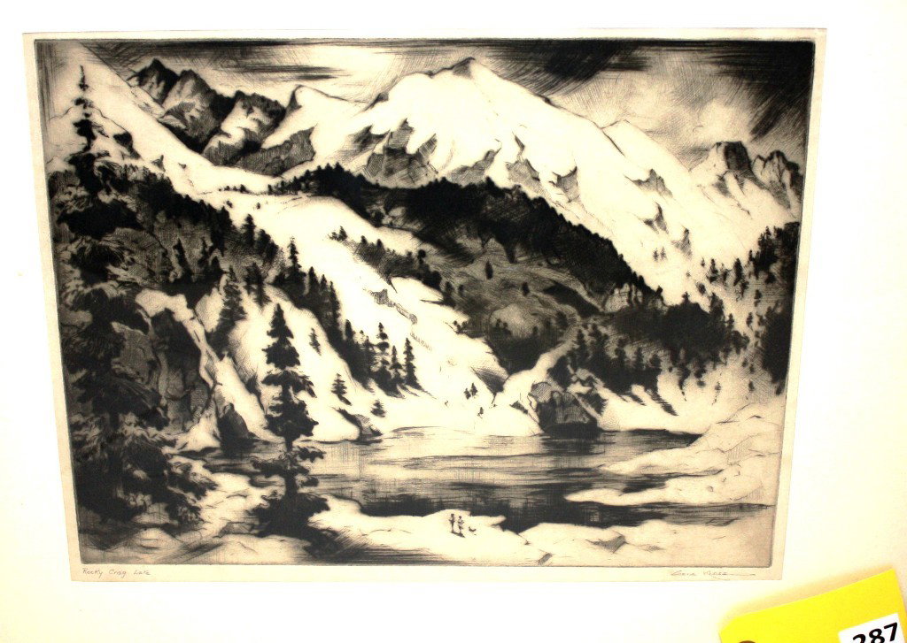 GENE KLOSS DRYPOINT & AQUATINT: GENE KLOSS DRYPOINT & AQUATINT TITLED IN PENCIL ''ROCKY CRAG LAKE'' SIGNED IN PENCIL RIGHT CORNER