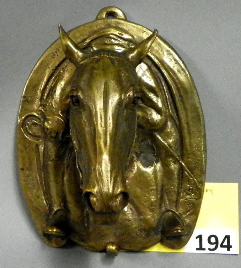 BRASS HORSE & JOCKEY COAT HANGER: BRASS HORSE & JOCKEY COAT HANGER, MARKED ON THE SIDE