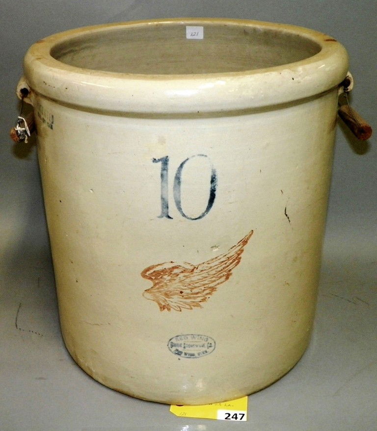 RED WING CROCK: 10 GALLON RED WING CROCK - 16 1/2'' TALL - 2'' AGE LINE ON SIDE BOTTOM