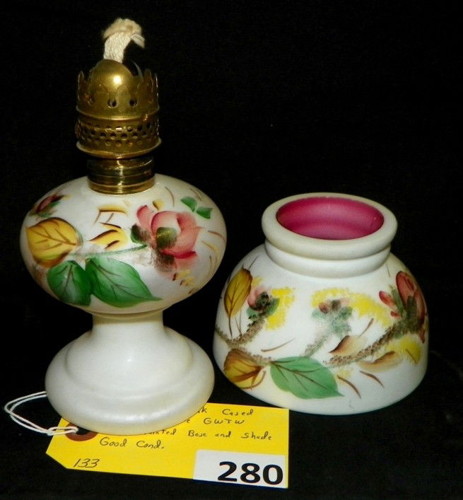 MINATURE GONE WITH THE WIND LAMP: WHITE OVER PINK CASED GLASS MINATURE G.W.T.W. LAMP, PAINTED BASE AND SHADE. GOOD CONDITION