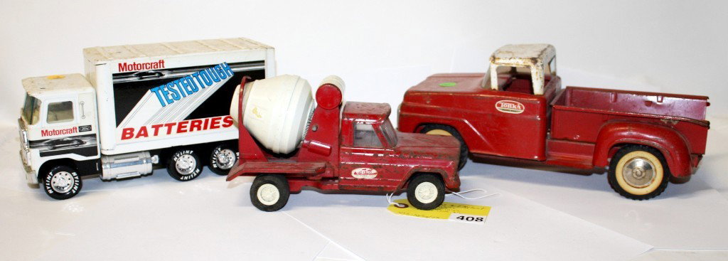 TONKAS & NYLENT TOYS: TWO TONKAS & 1 NYLENT TOY, PICKUP 12 1/2 LONG, MOTORCRAFT 10 1/4 LONG, CEMENT TRUCK 9'' LONG