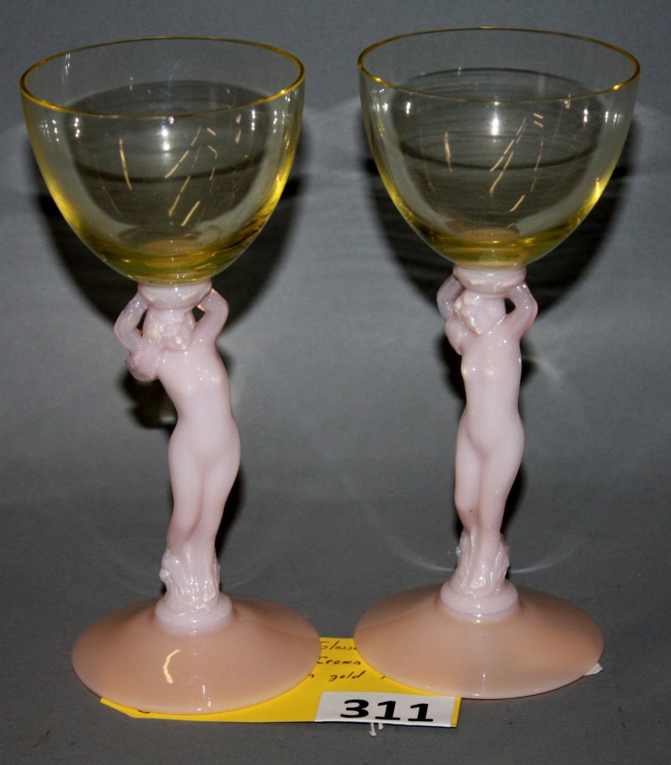 CAMBRIDGE CROWN TUSCAN: 2 CAMBRIDGE STEM GLASSES 6 1/2'' TALL LIQUOR COCKTAIL, CROWN TUSCAN NUDE WITH MANDARIN GOLD TOP - GOOD CONDITION