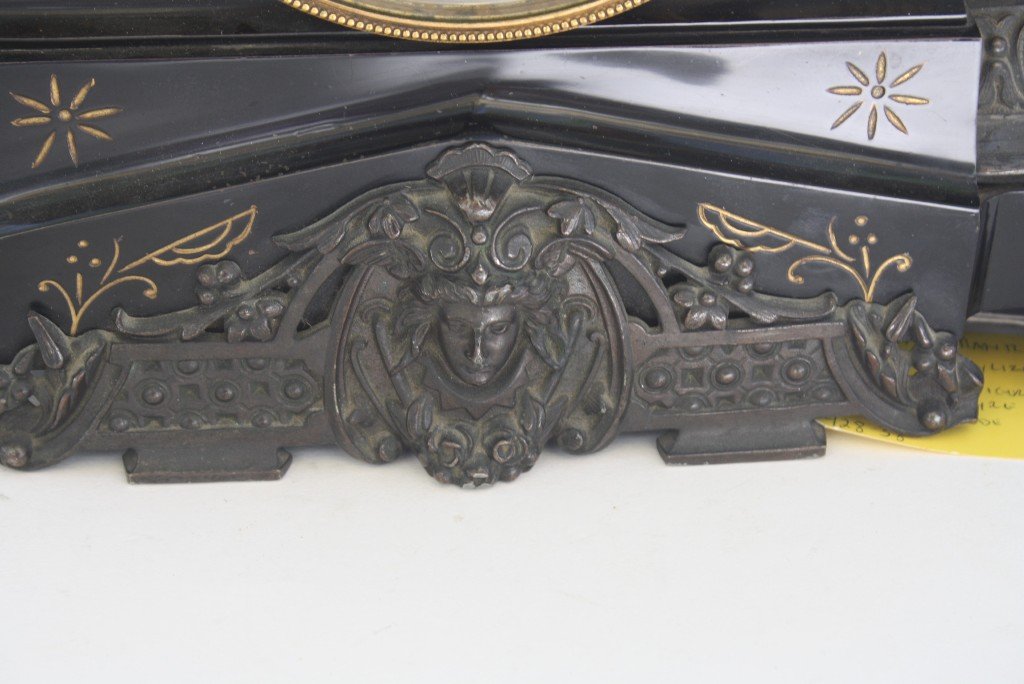 ANSONIA MANTLE CLOCK: ANSONIA MANTLE CLOCK WITH METAL STYLIZED BIRDS, LADIES HEADS & FIGURAL TOP OF WOMAN WITH LYRE, 19 1/2'' TALL & 16'' WIDE