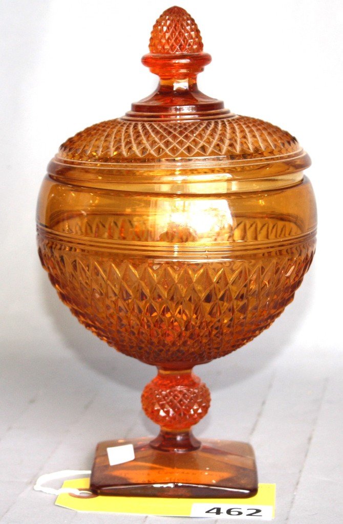 CAMBRIDGE COVERED CANDY: CAMBRIDGE COVERED CANDY - AMBER 9'' TALL WITH LID GOOD CONDITION