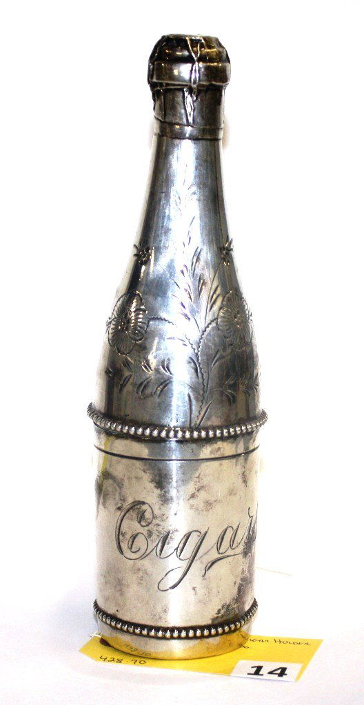 CIGAR HOLDER: SILVER PLATE BOTTLE CIGAR HOLDER 10'' TALL GOOD CONDITION