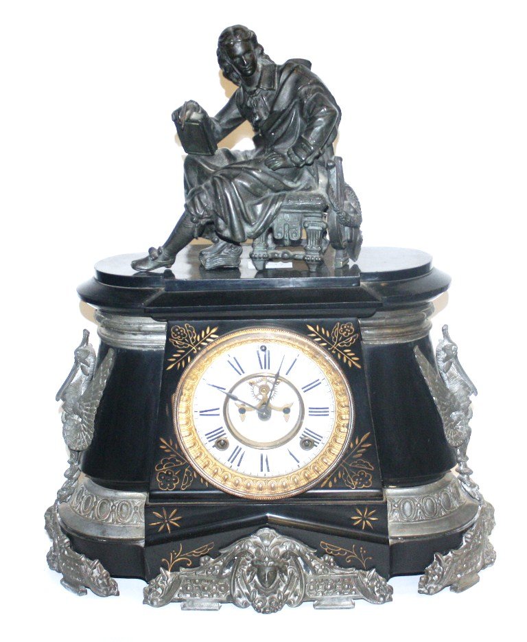 ANSONIA TABLE CLOCK: ANSONIA METAL TABLE CLOCK WITH OPEN ESCAPEMENT, METAL STYLIZED BIRDS, LADIES HEADS AND THE THINKER STATUE ON TOP 19'' TALL