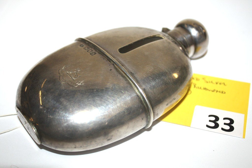SILVER FLASK: ENGLISH HALL MARKED SILVER LIQUOR FLASK (RICHMOND CLOCK HOUSE)