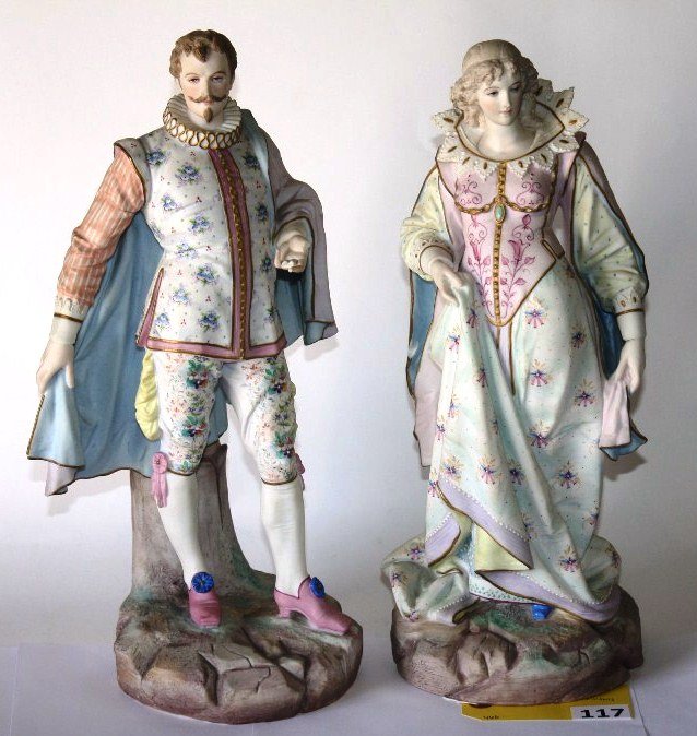 PAUL DUBOY BISQUE: PAIR PAUL DUBOY BISQUE FIGURINES 14 1/2'' TALL - MAN HAS 3 MISSING FINGERS