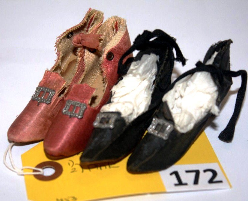 1920'S DOLL SHOES: VINTAGE 1920'S BED DOLL SHOES - 2 PAIR BLACK & PINK