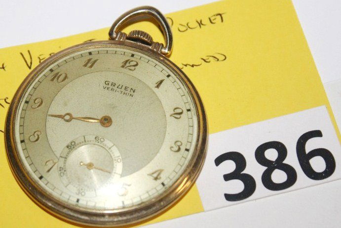 GRUEN POCKET WATCH: GRUEN VERI-THIN POCKET WATCH - MONOGRAMMED ON BACK