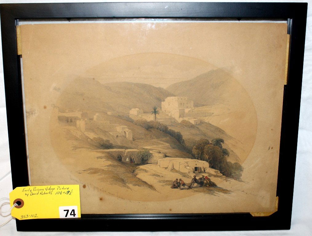 DAVID ROBERTS LITHOGRAPH: EARLY PERSIAN VILLAGE PICTURE BY DAVID ROBERTS, THE FOLLOWING IS WRITTEN ON THIS LITHO, THE COLOR IS PAINTED, written on this Litho is David Roberts (right corner) and left along the picture is writte