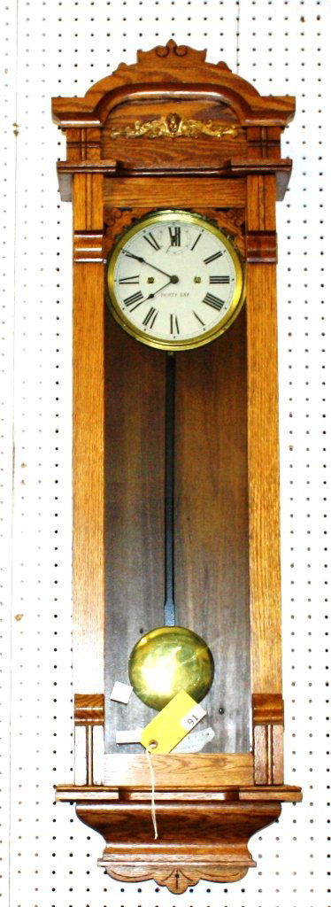 NEW HAVEN OAK WALL CLOCK: FANCY NEW HAVEN OAK WALL CLOCK WITH 30 DAY COLUMBIA WORKS
