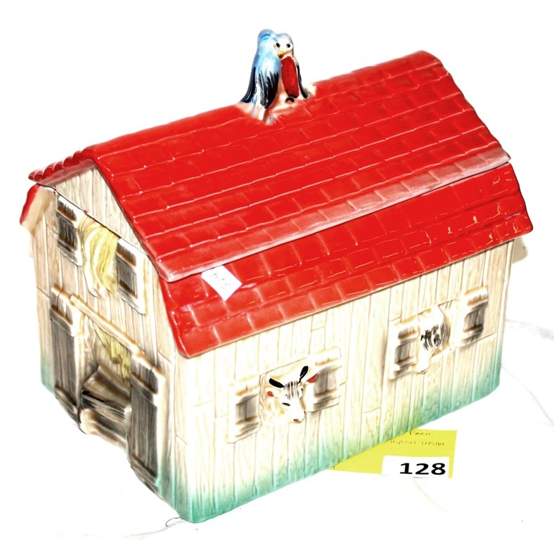 REGAL CHINA OLD MACDONALD COOKIE JAR: REGAL CHINA OLD MACDONALD BARN COOKIE JAR, CHIP ON INSIDE OF LID