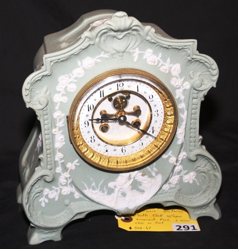 JASPERWARE CLOCK: JASPERWARE VICTORIAN MANTLE CLOCK WITH OPEN ESCAPEMENT FACE, 2 MINOR CHIPSON FEET, HAS PENDULUM AND KEY