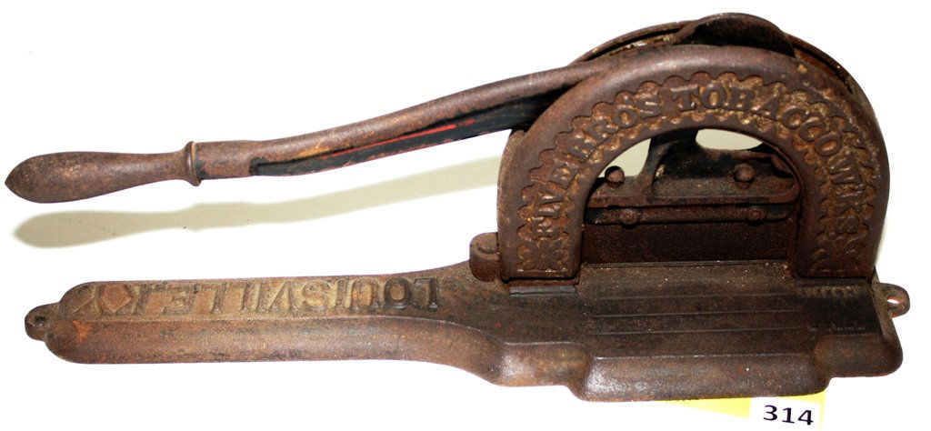 CAST IRON TOBACCO CUTTER: CAST IRON TOBACCO CUTTER, MARKED ''FIVE BROS. TOBACCO W'Ks, JOHN FINZER & BROS. LOUISVILLE, KY