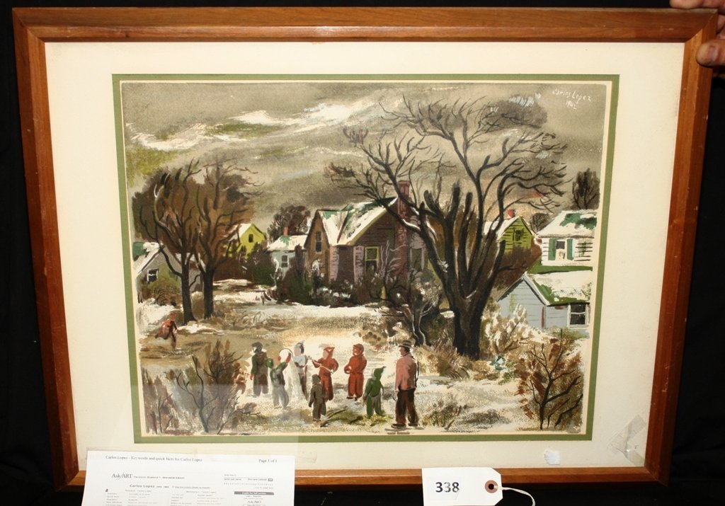 WATERCOLOR BY CARLOS LOPEZ: ORIGINAL WATERCOLOR BY CARLOS LOPEZ, CIRCA 1942 MICHAGEN/CUBAN, SIGNED BY LISTED ARTIST, MEASURES 18''X24''