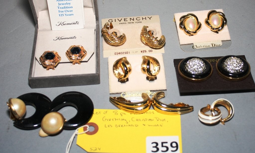 VINTAGE EARRINGS: LOT OF 8 PR. OF VINTAGE EARRINGS; GIVENCHY, CHRISTIAN DIOR, LES BERNARD & MORE