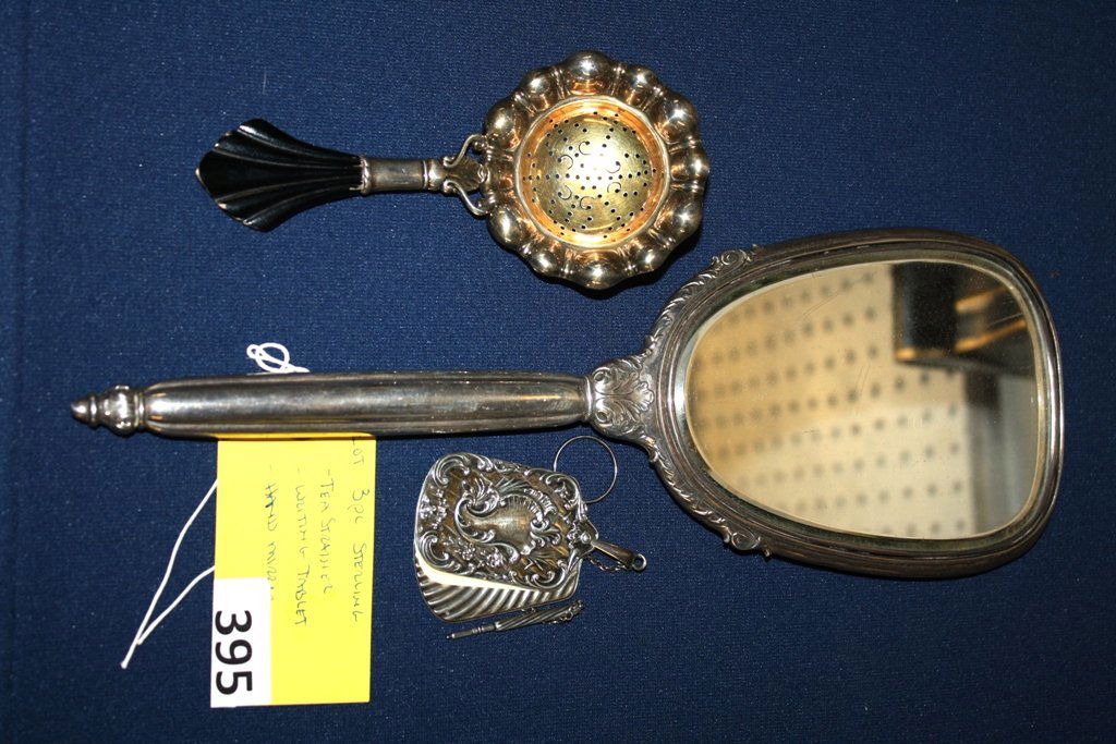 STERLING SILVER: LOT OF 3 PC'S STERLING; TEA STRAINER, WRITING TABLET AND HAND MIRROR