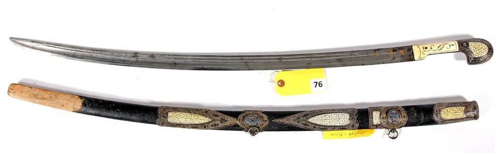 SHASHQU RUSSIAN: RUSSIAN SHASHQUC, 19TH CENTURY, IVORY AND SILVER/GOLD INLAY MOUNTED SCABBERD, MISSING END OF SCABBAR, BLADE IS 31 1/2", SHEATH IS 35 1/2" AND THE TOTAL OVERALL LENGTH IS 40", BOTTOM PIECE OF SCABBORD