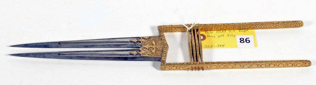 KATAR: INDIAN PRESENTATION KATAR, DOUBLE BLADED PUSH DAGGER WITH HEAVY GOLD INLAY