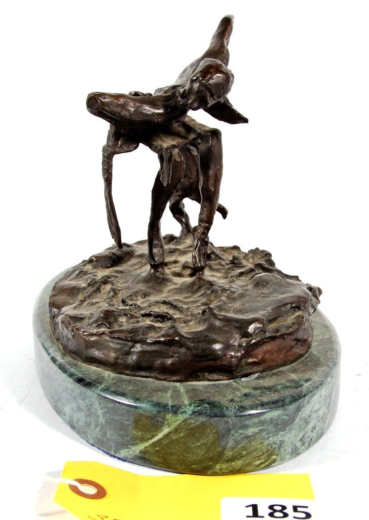 BRONZE STATUE: HENRY BERNARD FOUNDRY BRONZE STATUE, DANCING INDIAN ON MARBLE BASE, MARKED CMR WITH COW HEAD