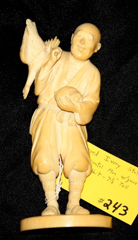 IVORY STATUE: CARVED IVORY STATUE OF ORIENTAL MAN WITH GOOSE AND RABBIT, MEASURE 7 1/2'' TALL