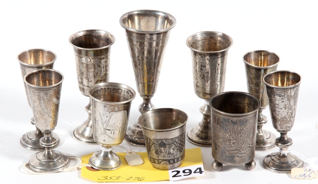 SILVER GOBLETS - NIELO JUDICA CUPS: LOT OF 10 ENGRAVED SILVER GOBLET, RUSSIAN NIELLO JUDICA CUPS, WEIGHT 272.4 GRAMS, Scandinavian silver has a millesimal fineness of 830. The Scandinavian silver alloy contains 83% pure silver and 17% c