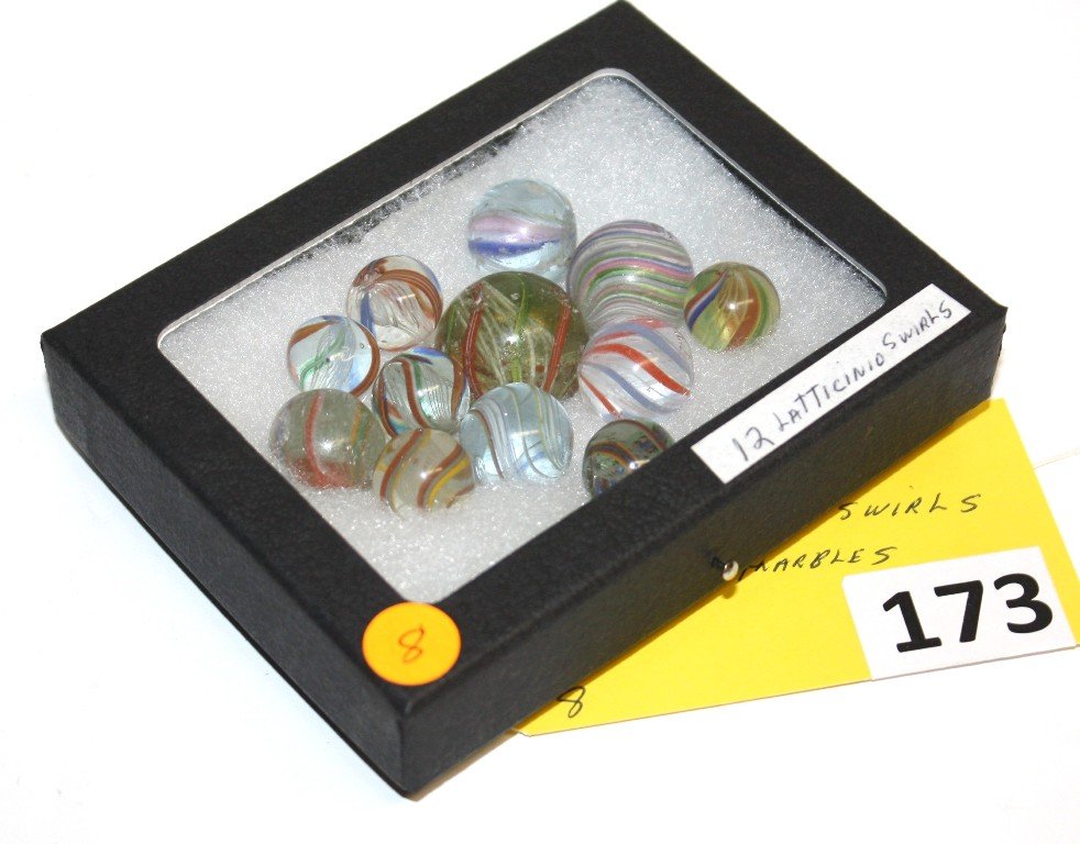 GERMAN MARBLES: COLLECTION OF 12 GERMAN LATTICINIO SWIRL MARBLES, GOOD CONDITION