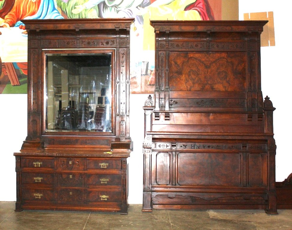 EASTLAKE VICTORIAN BED SET: TALL 2-PIECE EASTLAKE VICTORIAN WALNUT BEDROOM SET WITH BEAUTIFUL WALNUT BURL PANELS AND SPOON CARVING DESIGN, BOTH PIECES ARE APPROXIMATELY 92'' TALL, WOOD IS IN GOOD CONDITION, THERE ARE 2 SPLITS ON