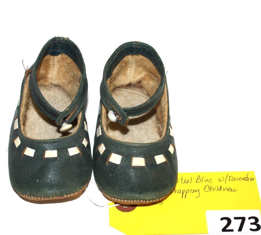 MARY JANE CHILDREN SHOES: MARY JANE CHILDREN SHOES, STEEL BLUE COLOR AND DECORATIVE LEATHER STRAPPING, GOOD CONDITION