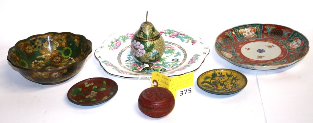 CLOISONNE: LOTTED; NICE CLOISONNE BOWL, PEAR & 2 SIDE DISHES, PLUS 2 CHINA PLATES, CINNABAR COVERED DRESSER JAR, MOSTLY ALL GOOD CONDITION