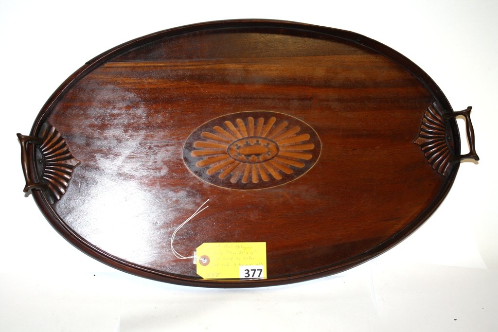MAHOGANY SERVING TRAY: INLAID OVAL MAHOGANY SERVING TRAY, 24''X15'', NICELY CARVED HANDLES, A FEW MINOR SPLITS-FAIR TO GOOD CONDITION