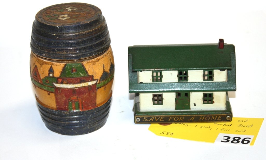 CHILDS TOY BANKS: CHILDS ''HOME'' BANK AND ''BARREL'' BANK MARKED SOVIET UNION, ONE IS IN GOOD SHAPE THE OTHER IS FAIR