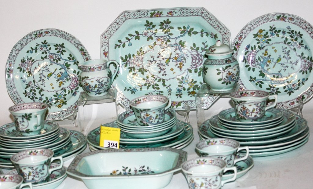 IRONSTONE DISHES: SERVICE SET OF 46 PC'S ADAMS IRONSTONE DISHES, SINGAPORE BIRD PATTERN, GOOD CONDITION