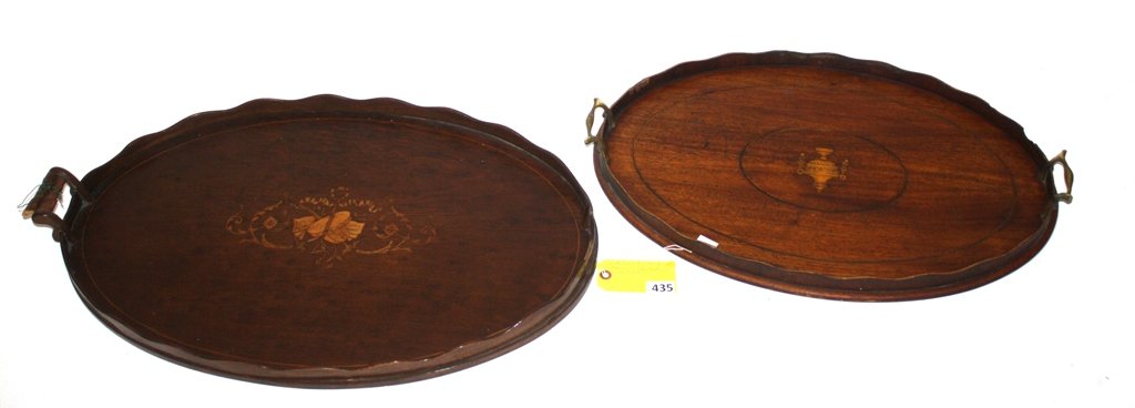 WALNUT SERVING TRAYS: VINTAGE WALNUT INLAID SERVING TRAYS, BOTH HAVE DAMAGE ON HANDLES AND NEED REPLACED, WOOD DESIGNED TRAYS ARE GOOD
