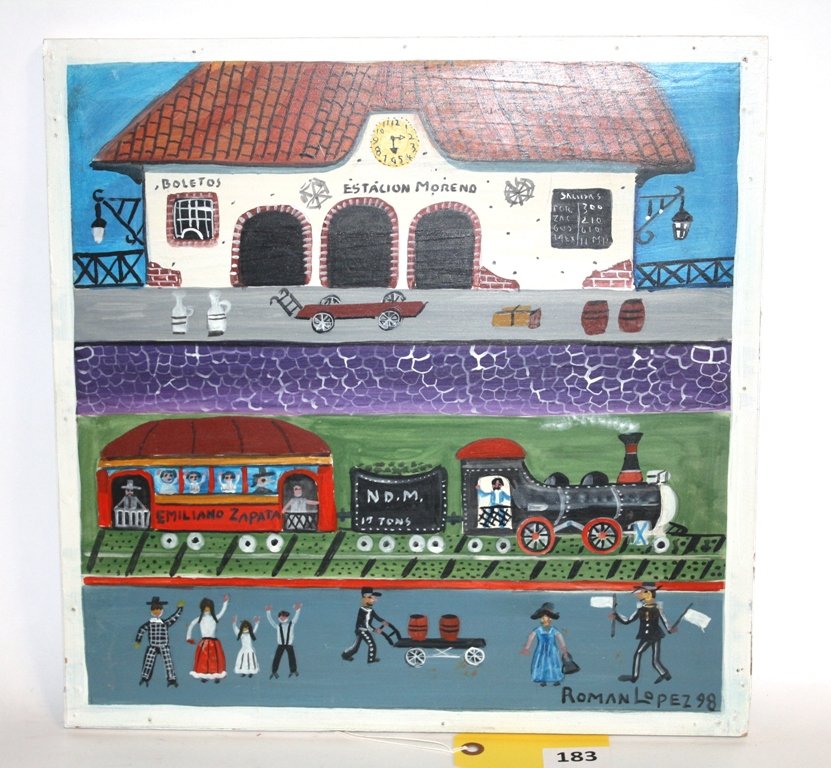 ROMAN LOPEZ PAINTING: TRAIN STATION BY ROMAN LOPEZ MEASURING 16 1/2'' X 16'' PAINTING
