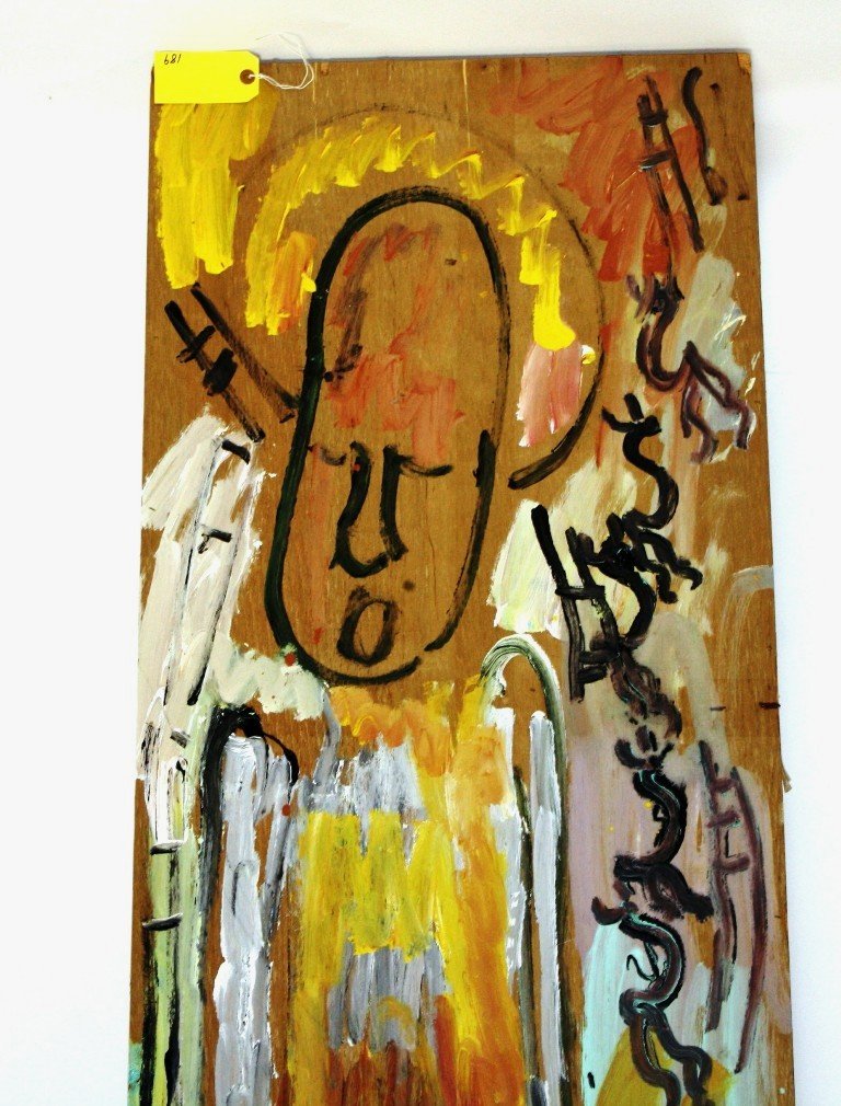 PURVIS YOUNG FOLK ART: LG FOLK ART PAINTING BY PURVIS YOUNG MEASURING 8 FT TALL X 22'' WIDE PAINTING ON BOARD