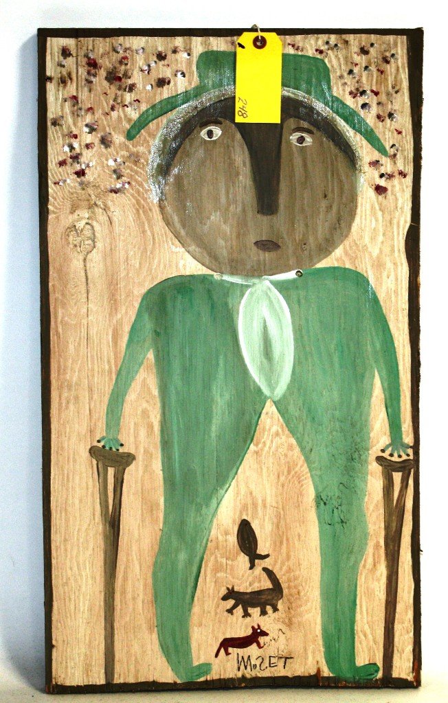 MOSE TOLLIVER PAINTING: GREEN MAN ON CRUTCHES BY MOSE TOLLIVER MEASURING 16'' X 28'' PAINTING ON BOARD ****