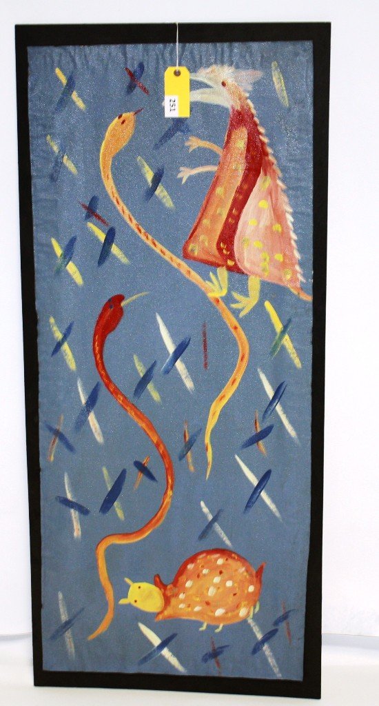 MOSE TOLLIVER PAINTING: PAINTING OR SNAILS & ANIMALS BY MOSE TOLLIVER, 24''X52'' ON CANVAS IN FRAME