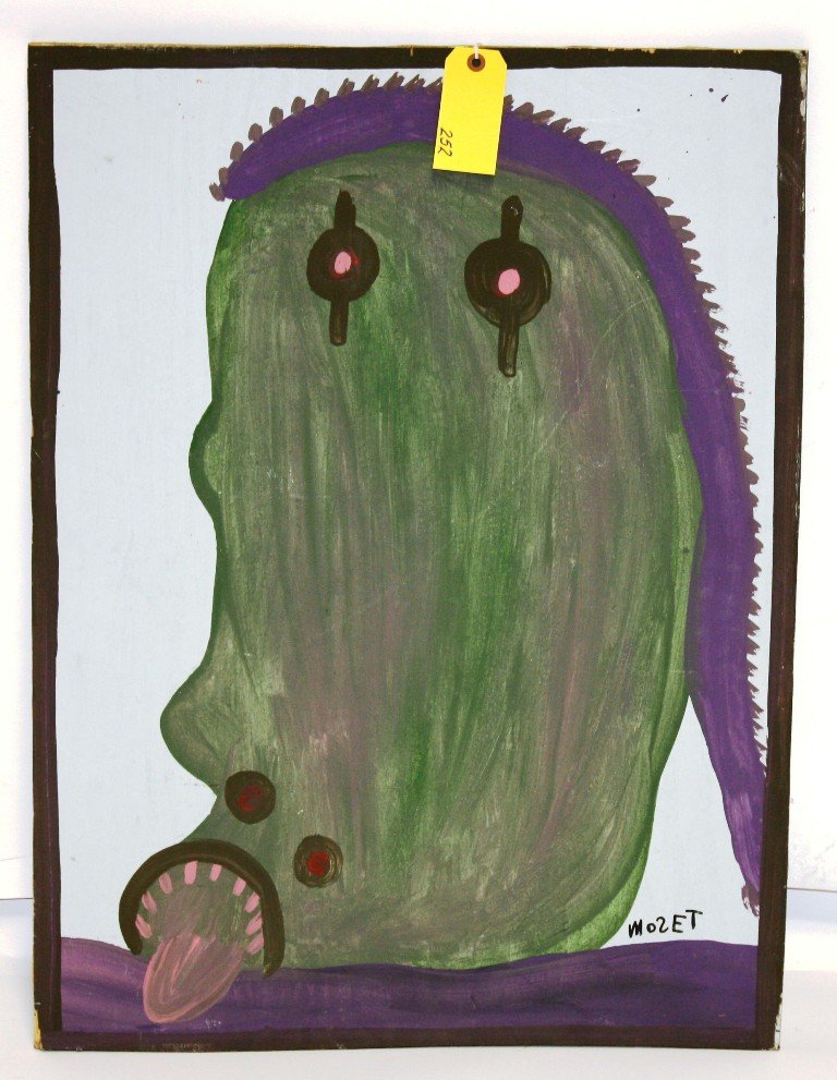 MOSE TOLLIVER PAINTING: PAINTING OF GREEN FACE BY MOSE TOLLIVER, 24''X32'' ON BOARD