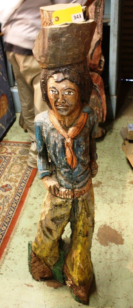 WOOD CARVING BY JOHN ABDULJAAMI: ''BLACK COWBOY'' WOOD CARVING BY JOHN ABDULJAAMI, 51'' TALL