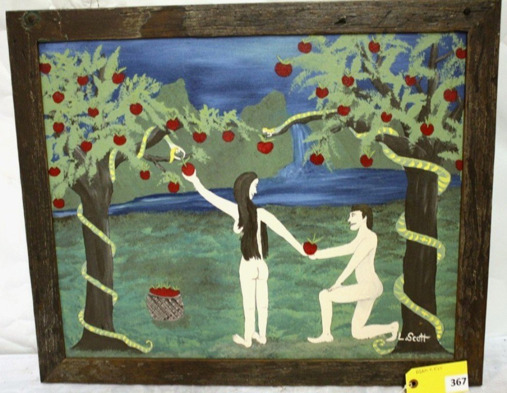 L. SCOTT PAINTING: ''ADAM AND EVE'' PAINTING BY L. SCOTT, OIL ON CANVAS 22'' X 24'' FRAMED